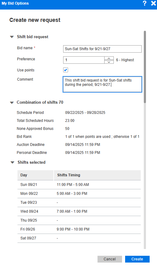 Combination of Individual Shifts - Shift Bid Request Form