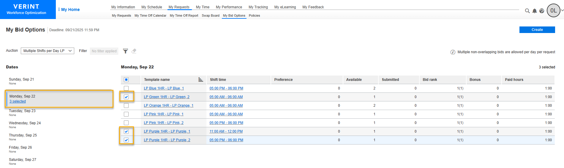 Multiple Shifts Per Day - Selected Shifts