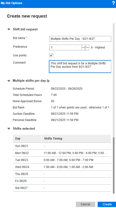 Multiple Shifts Per Day - Shift Bid Request Form