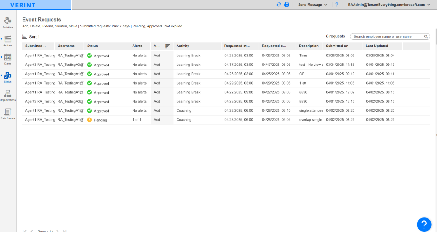 Screenshot of event request columns